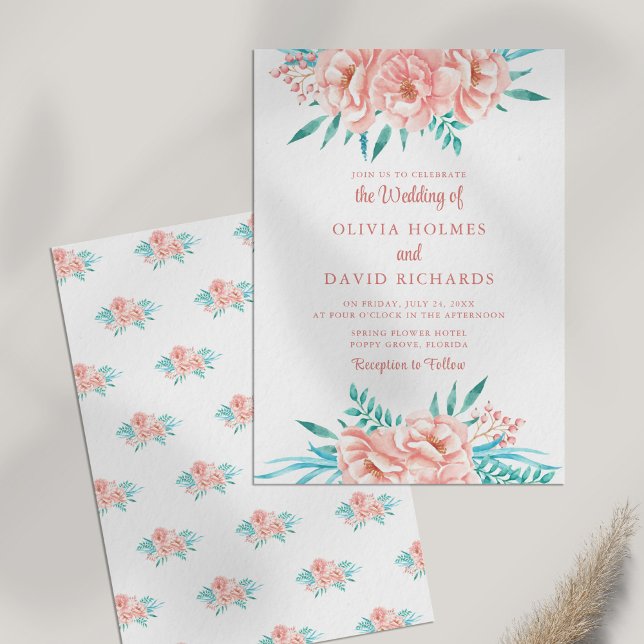 Boho Peach and Tosca Floral Wedding Invitation (Boho Peach and Tosca Floral Wedding Invitation on white table.)