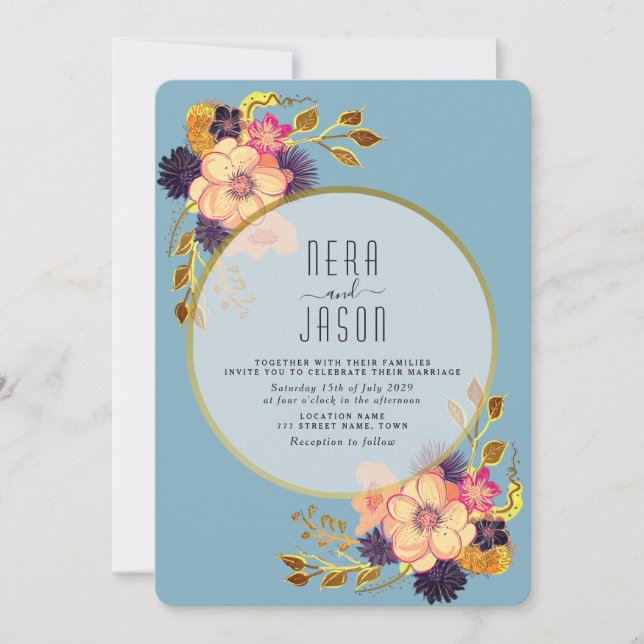 Boho Peach Blue Floral Gold Wedding Invitation (Front)