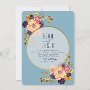 Boho Peach Blue Floral Gold Wedding Invitation