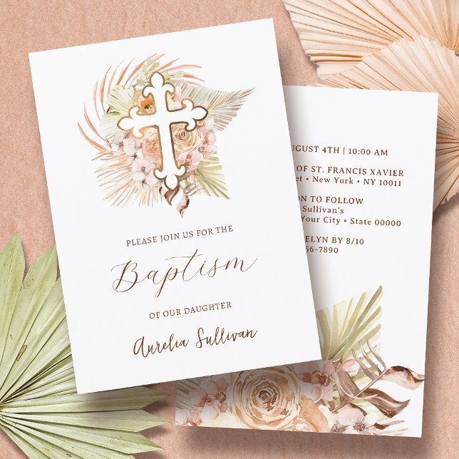 Boho Peach Bouquet Baptism Invitation (Creator Uploaded)