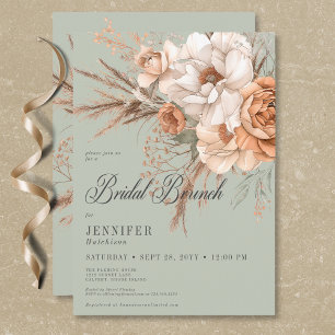 Boho Peach & Cream Floral Green Bridal Brunch Invitation