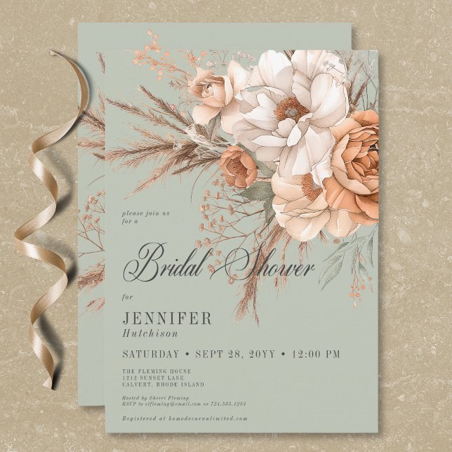 Boho Peach & Cream Floral Green Bridal Shower Invitation (Boho Peach & Cream Floral Green Bridal Shower Invitation)