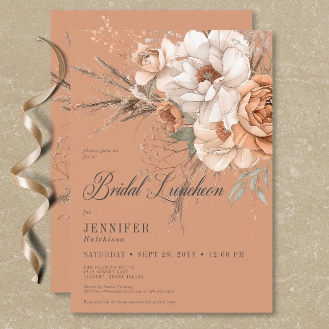 Boho Peach & Cream Floral Rust Bridal Luncheon Invitation (Boho Peach & Cream Floral Rust Bridal Luncheon Invitation)