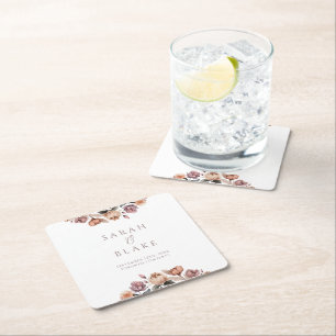 Boho Peach Floral Garden Wedding Favor Square Paper Coaster