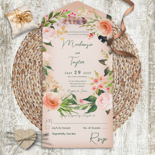 Boho Peach Floral Wreath & Feathers No Dinner All In One Invitation