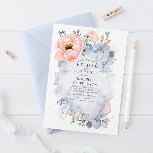Boho Peach Flowers Soft Dusty Blue Bridal Shower Invitation (Creator Uploaded)