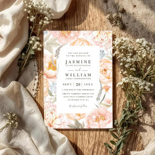 Boho Peach Flowers Wreath QR Code Wedding Invitation