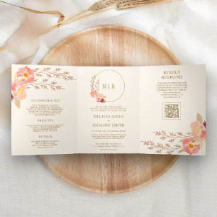 Boho Peach Orchid Floral QR Code Ivory Wedding Tri-Fold Invitation