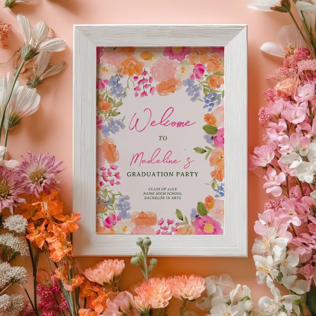 Boho Peach Pink Floral Graduation Party Welcome Poster (Boho Peach Pink Floral Graduation Party Welcome Poster)