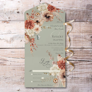 Boho Peach & Rust Floral & Feather Green No Dinner All In One Invitation