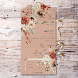 Boho Peach & Rust Floral & Feather Peach Dinner All In One Invitation