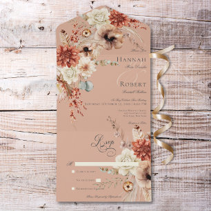 Boho Peach & Rust Floral & Feather Peach No Dinner All In One Invitation