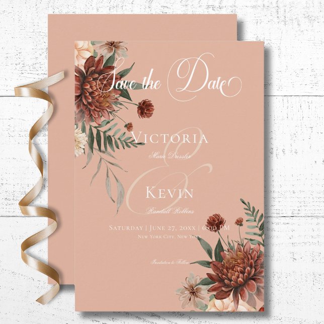 Boho Peach & Rust Floral Peach Blush Wedding Save The Date (Boho Peach & Rust Floral Peach Blush Wedding Save the Date Card)