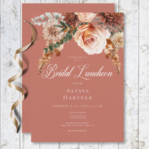 Boho Peach & Rust Floral Rust Bridal Luncheon Invitation