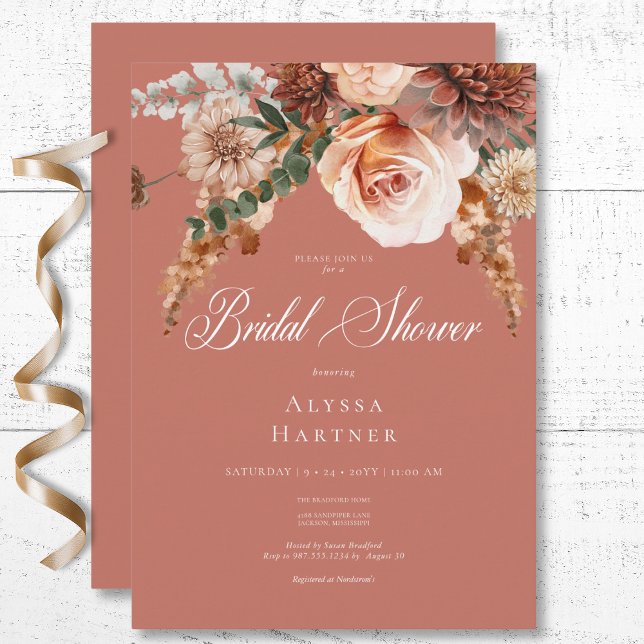 Boho Peach & Rust Floral Rust Bridal Shower Invitation (Boho Peach & Rust Floral Rust Bridal Shower Invitation)