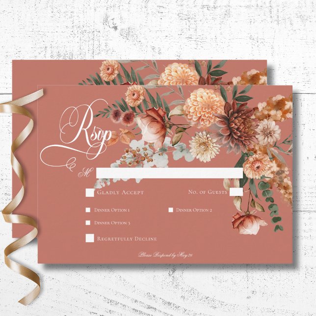 Boho Peach & Rust Floral Rust Dinner RSVP Card (Boho Peach & Rust Floral Rust Wedding Response Card with Dinner Options)