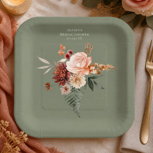 Boho Peach & Rust Floral Sage Green Bridal Shower Paper Plate