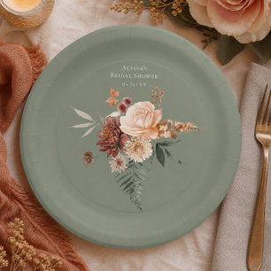 Boho Peach & Rust Floral Sage Green Bridal Shower Paper Plate