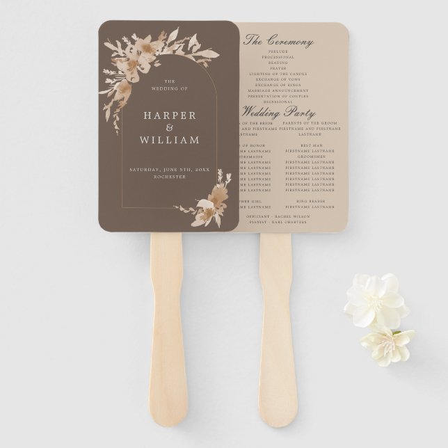 boho peach wildflowers wedding program hand fan (Front and Back)