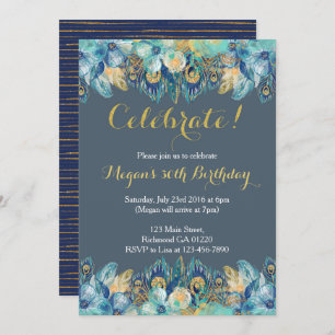 Boho Peacock Feather Gold and Navy Invitation
