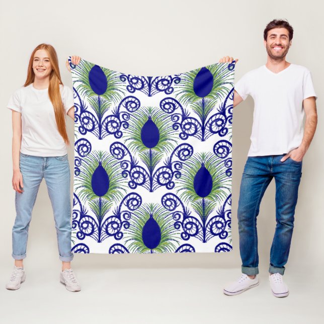 Boho Peacock Feather Jewel Tone-Blue Green Fleece Blanket (In Situ)