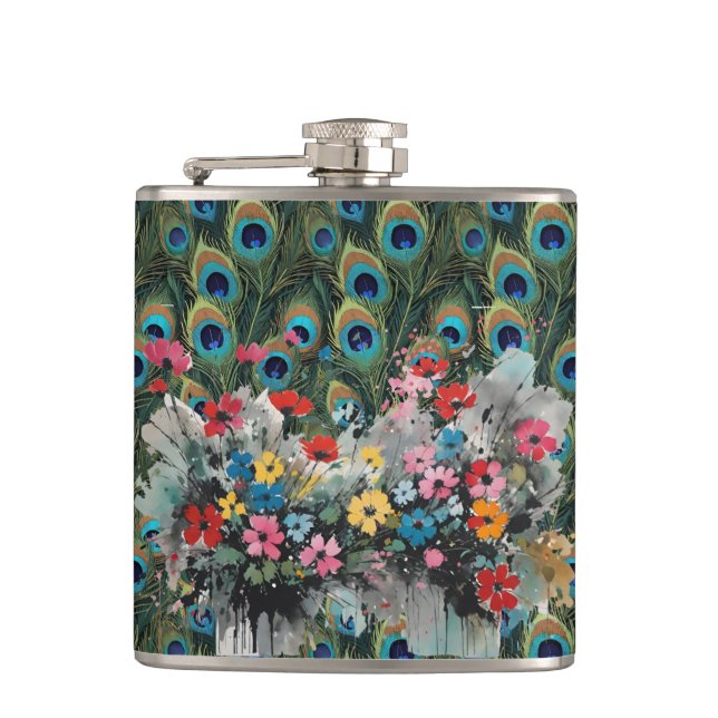 Boho Peacock Feathers And Wildflowers Hip Flask (Front)