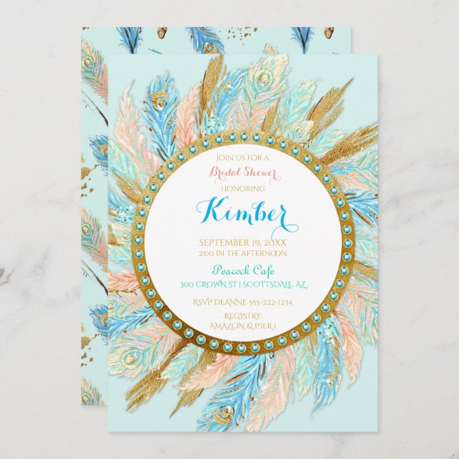 Boho Peacock Feathers Mint Peach Gold Turquoise Invitation (Front/Back)