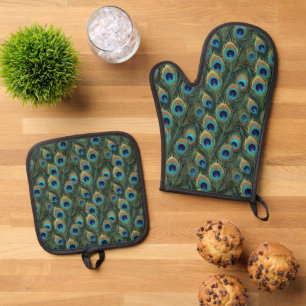Boho Peacock Feathers Oven Mitt & Pot Holder Set