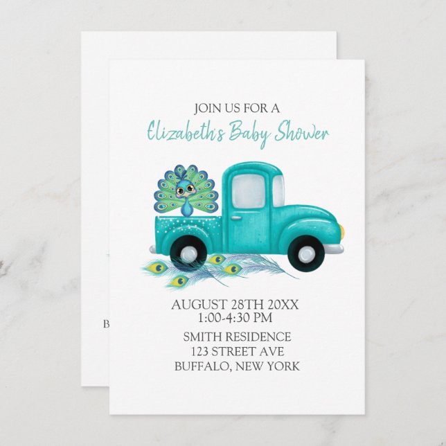 Boho Peacock Feathers Vintage Truck Baby Shower Invitation (Front/Back)