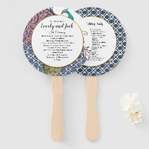 Boho Peacock Grey Teal Gold Wedding Program Hand Fan