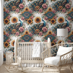 Boho Peacock & Sunflower Symphony Wallpaper