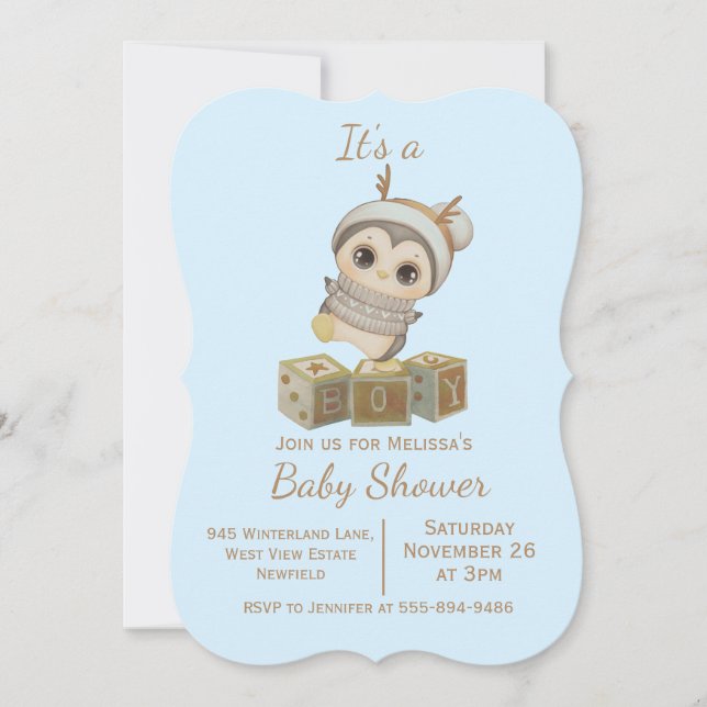 Boho Penguin Boy Baby Shower Invitation (Front)