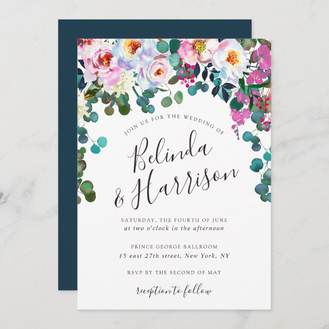 Boho Peonies & Eucalyptus Wedding Invitation (Front/Back)