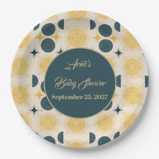 Boho Personalised Sun Moon Stars Blue Yellow Paper Plate