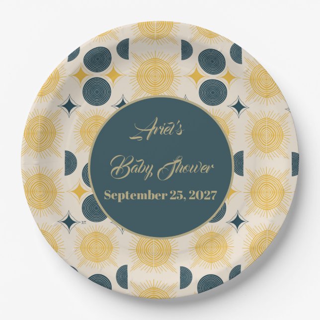 Boho Personalised Sun Moon Stars Blue Yellow Paper Plate (Front)