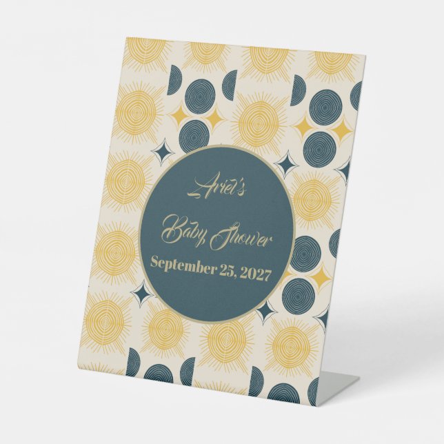 Boho Personalised Sun Moon Stars Blue Yellow Pedestal Sign (Front)