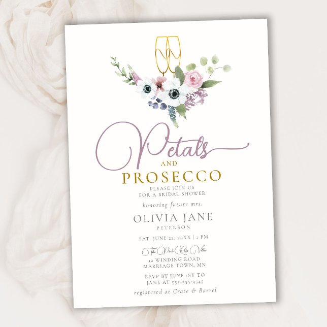 Boho Petals Prosecco Anemones Gold Bridal Shower Invitation (Creator Uploaded)