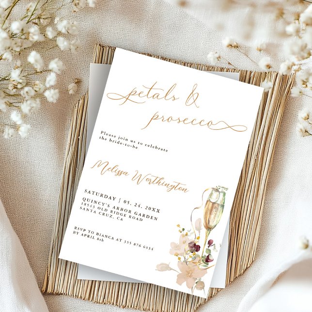 Boho Petals & Prosecco Fancy Script Bridal Shower Invitation (Creator Uploaded)