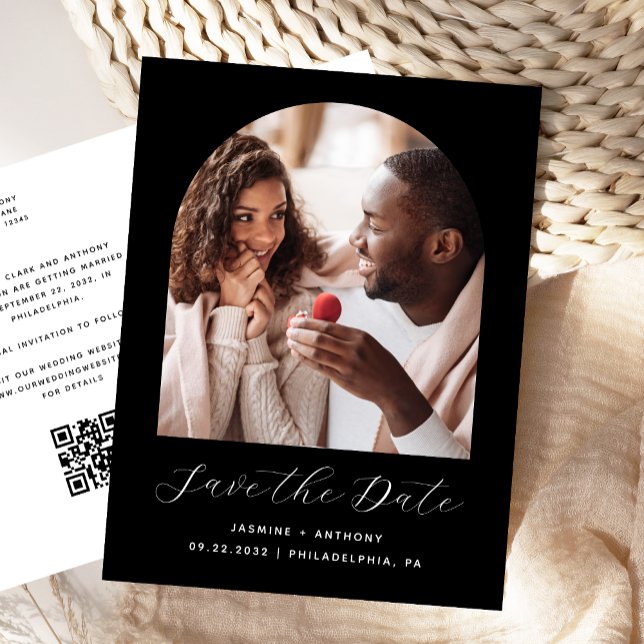 Boho Photo Arch Black QR Code Save the Date Postcard (Creator Uploaded)