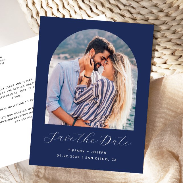 Boho Photo Arch Navy Blue Save the Date Postcard (Creator Uploaded)