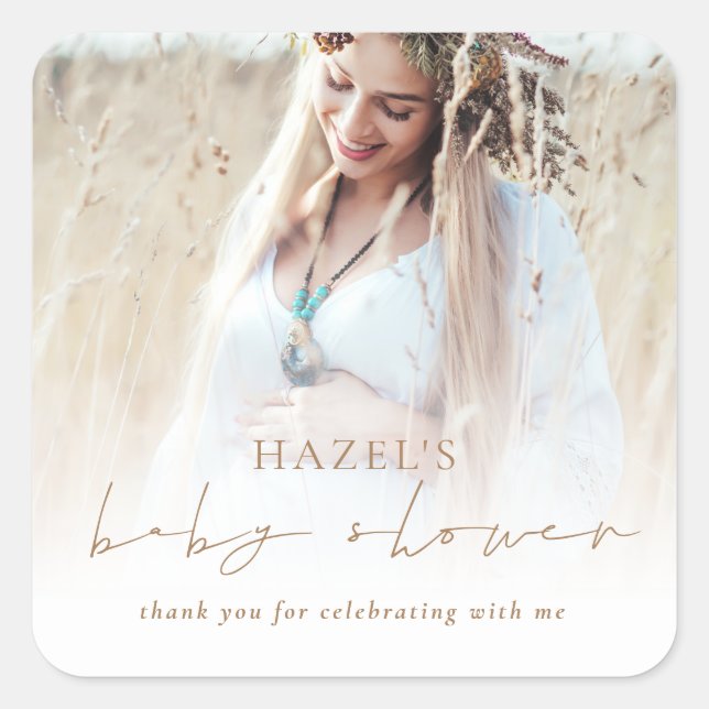 Boho Photo Overlay Gold Script Baby Shower Thanks Square Sticker (Front)