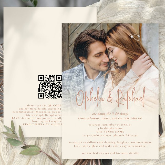 Boho Photo Overlay QR Terracotta Cream Wedding Invitation (Front and Back View. Available digtally or printed)