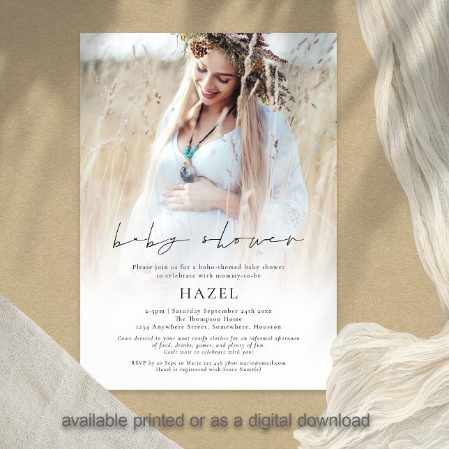Boho Photo Overlay Script Bohemian Baby Shower Invitation (Creator Uploaded)