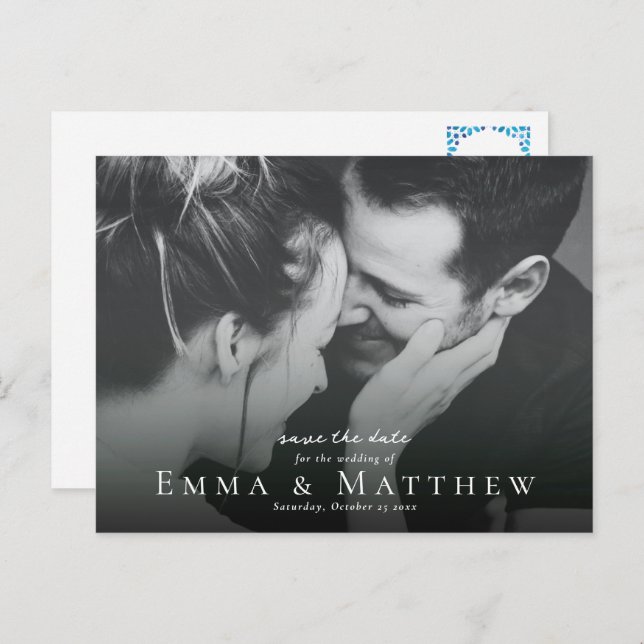 Boho Photo Save The Date with Moroccan Blue Tile Postcard (Front/Back)