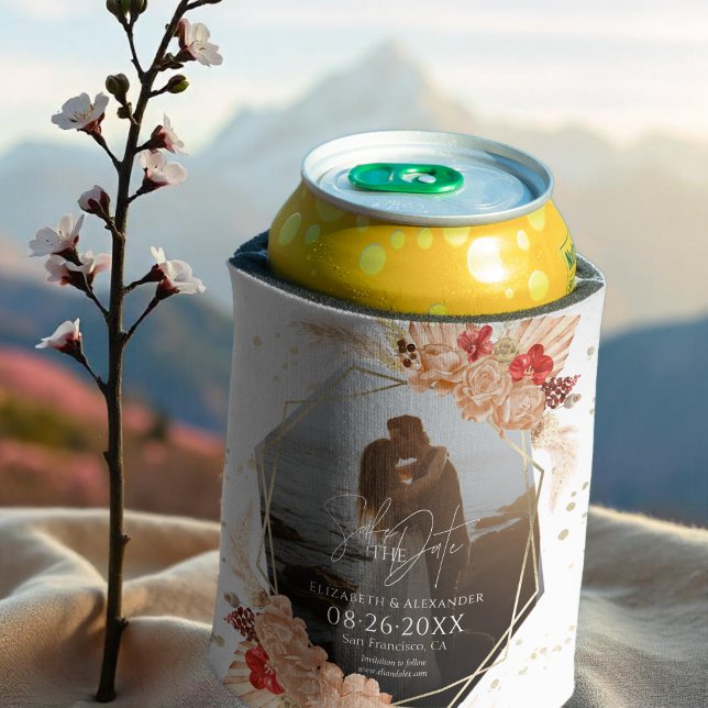 Boho Photo | Terracotta Wedding Save The Date Can Cooler (Creator Uploaded)