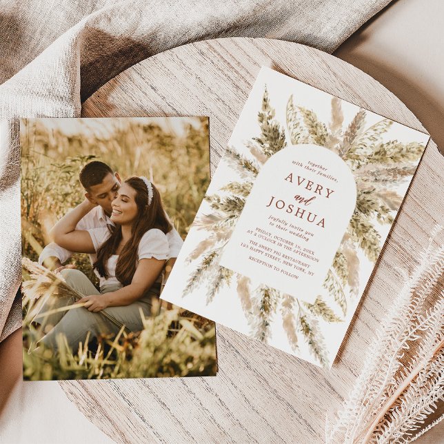 Boho Photo Wedding Invite Terracotta Pampas Grass (Creator Uploaded)