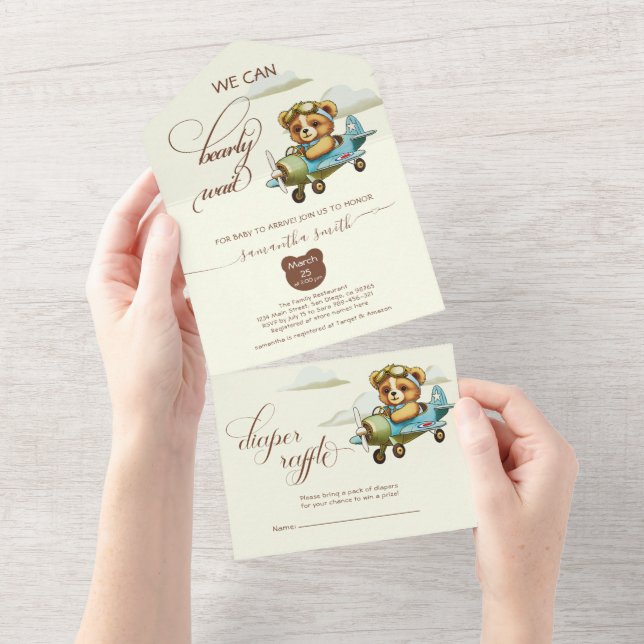 Boho Pilot Teddy Bear in aeroplane Baby Shower All In One Invitation (Tearaway)
