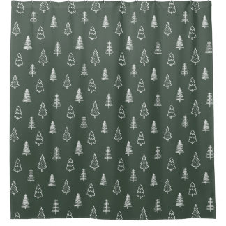Boho Pine Trees Modern Winter Forest Dark Green Shower Curtain