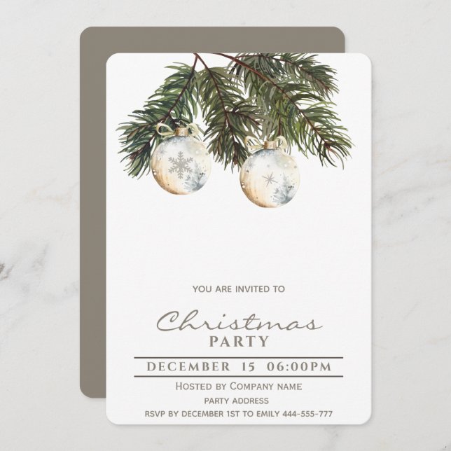 Boho pine watercolor Christmas balls Holiday  Invitation (Front/Back)