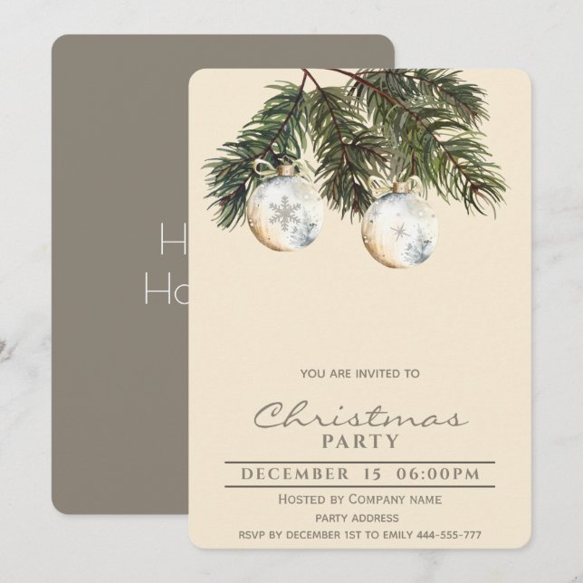 Boho pine watercolor Christmas balls Holiday  Invitation (Front/Back)